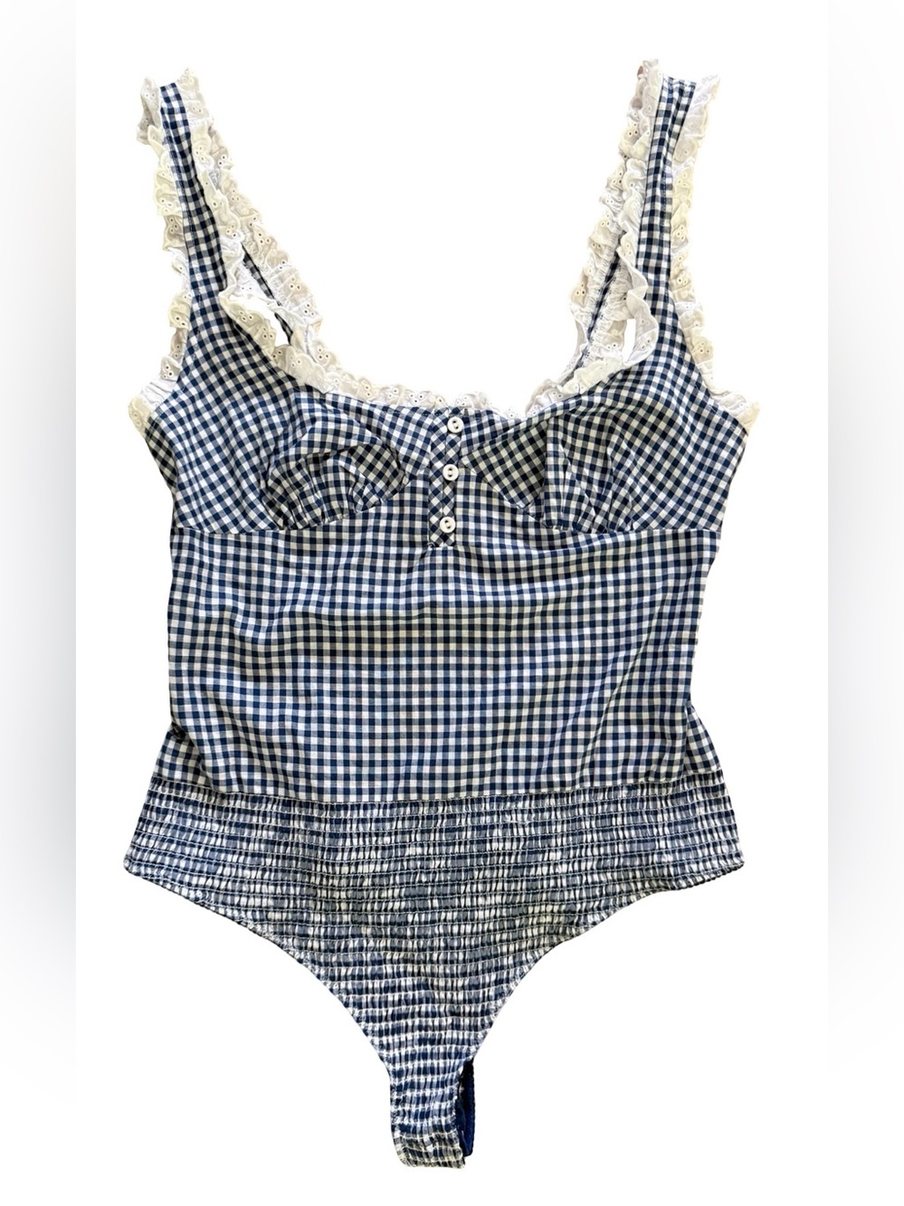 Free People Blue and White Gingham Lace-Trim Bodysuit